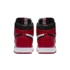 Back view of Air Jordan 1 Retro High Homage to Home in black and red, featuring vintage Chicago Bulls colors.