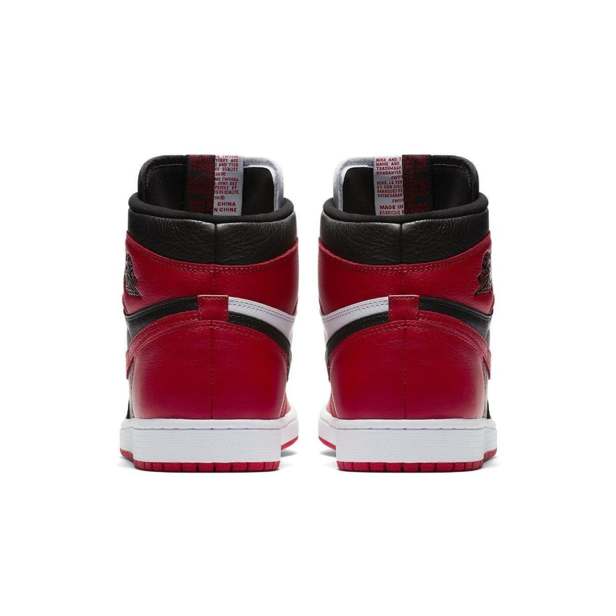 Back view of Air Jordan 1 Retro High Homage to Home in black and red, featuring vintage Chicago Bulls colors.