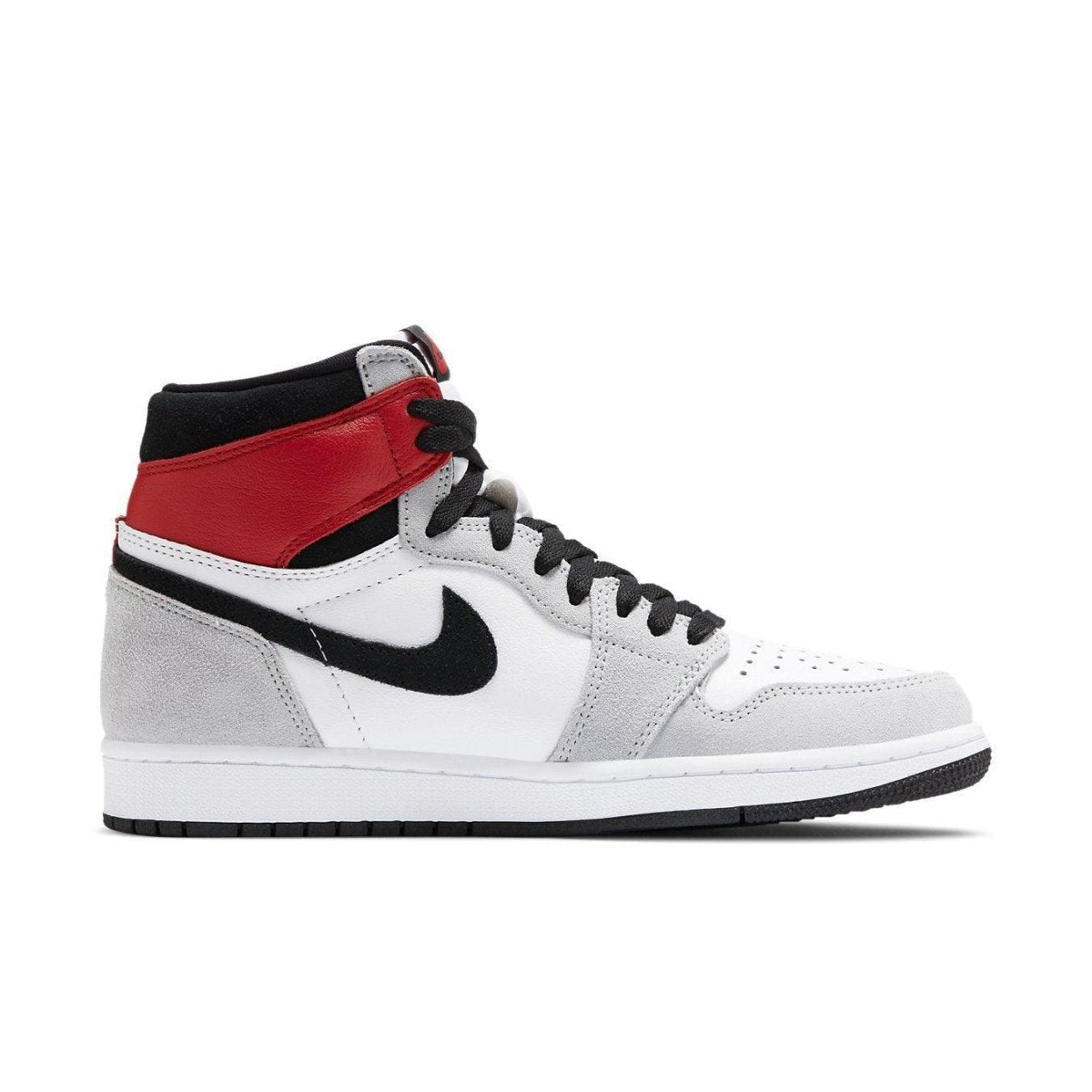 Air Jordan 1 Retro High OG 'Light Smoke Grey' sneaker with white leather and grey suede, featuring red and black accents.