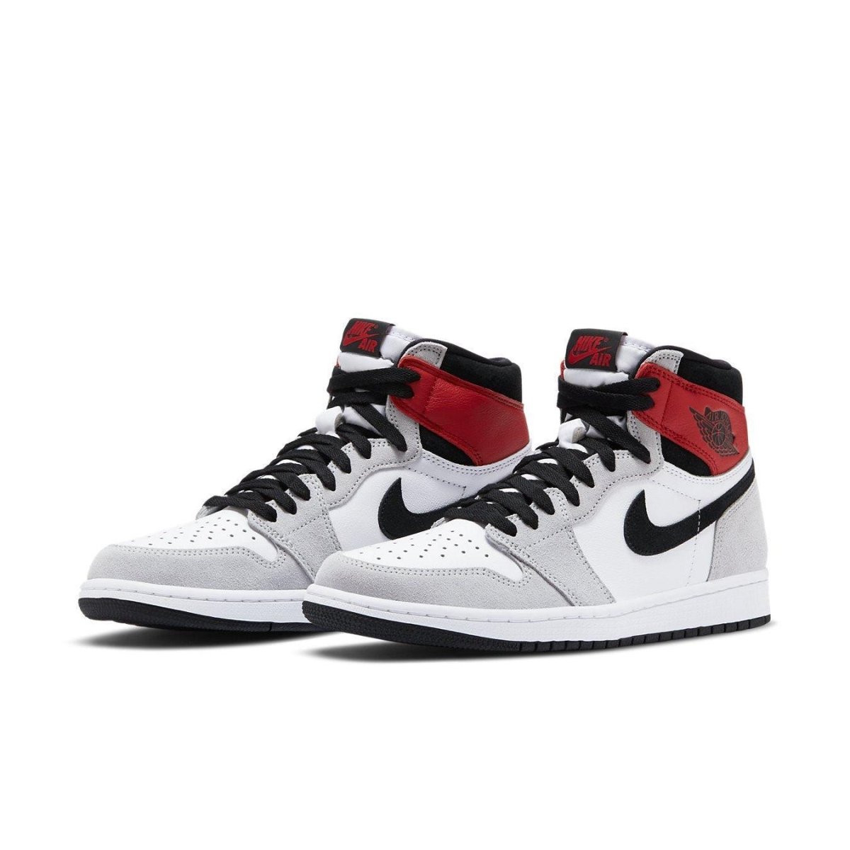 Air Jordan 1 Retro High Light Smoke Grey sneakers with black Nike Swoosh and Varsity Red accents.