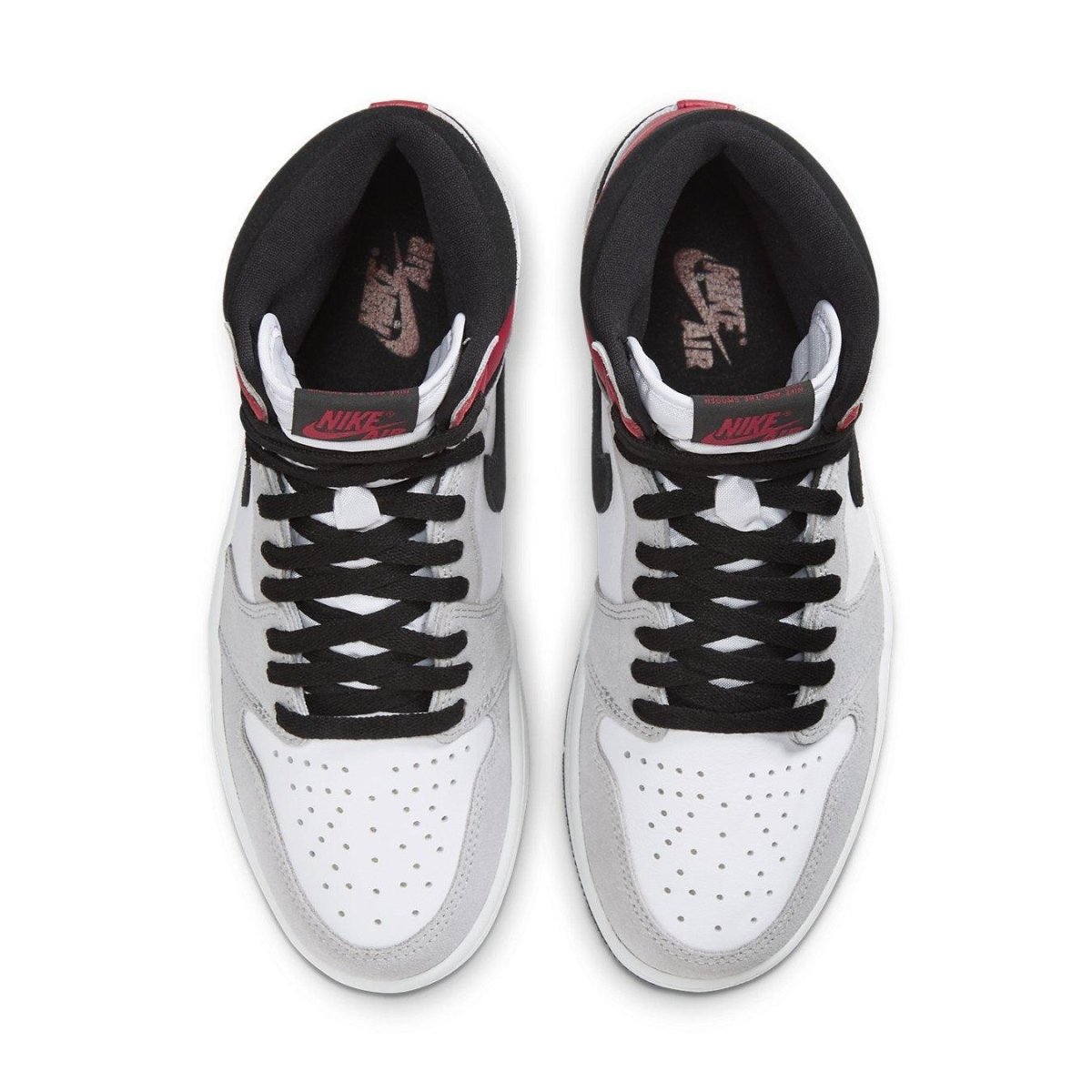 Top view of Air Jordan 1 Retro High Light Smoke Grey sneakers with black and red accents.