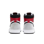 Back view of Air Jordan 1 Retro High 'Light Smoke Grey' with red and black accents.