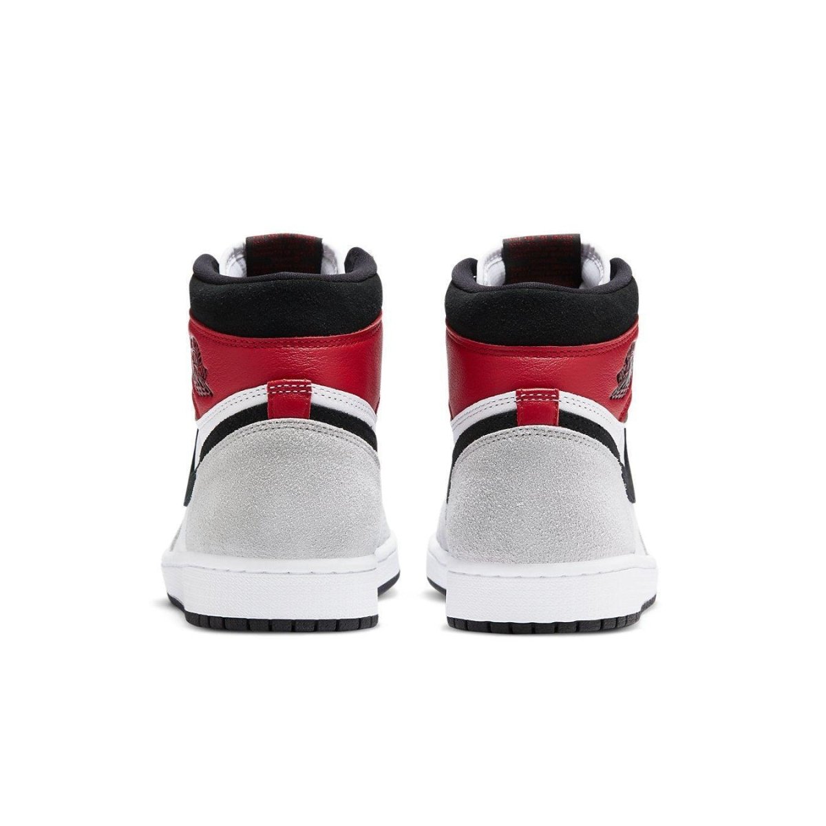 Back view of Air Jordan 1 Retro High 'Light Smoke Grey' with red and black accents.
