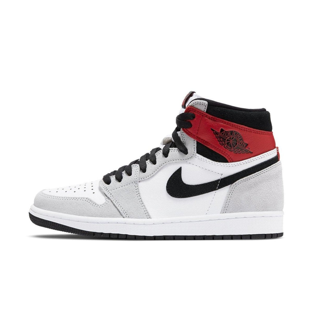 Air Jordan 1 Retro High Light Smoke Grey featuring white leather, grey suede, black Swoosh, and Varsity Red accents.