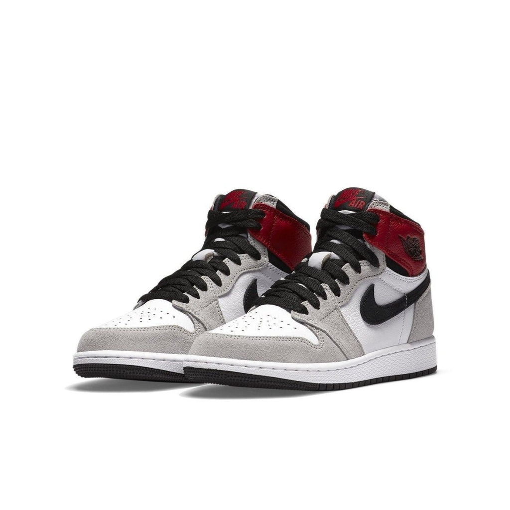 Jordan 1 Retro High Light Smoke Grey sneakers featuring gray suede, white leather, and Varsity Red accents.