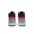 Back view of Jordan 1 Retro High Light Smoke Grey sneakers featuring red, grey, and black accents.