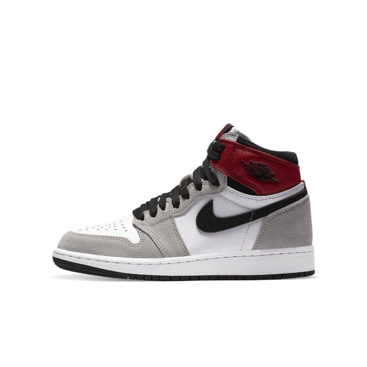 Air Jordan 1 Retro High Light Smoke Grey sneaker with white, grey, and red accents.