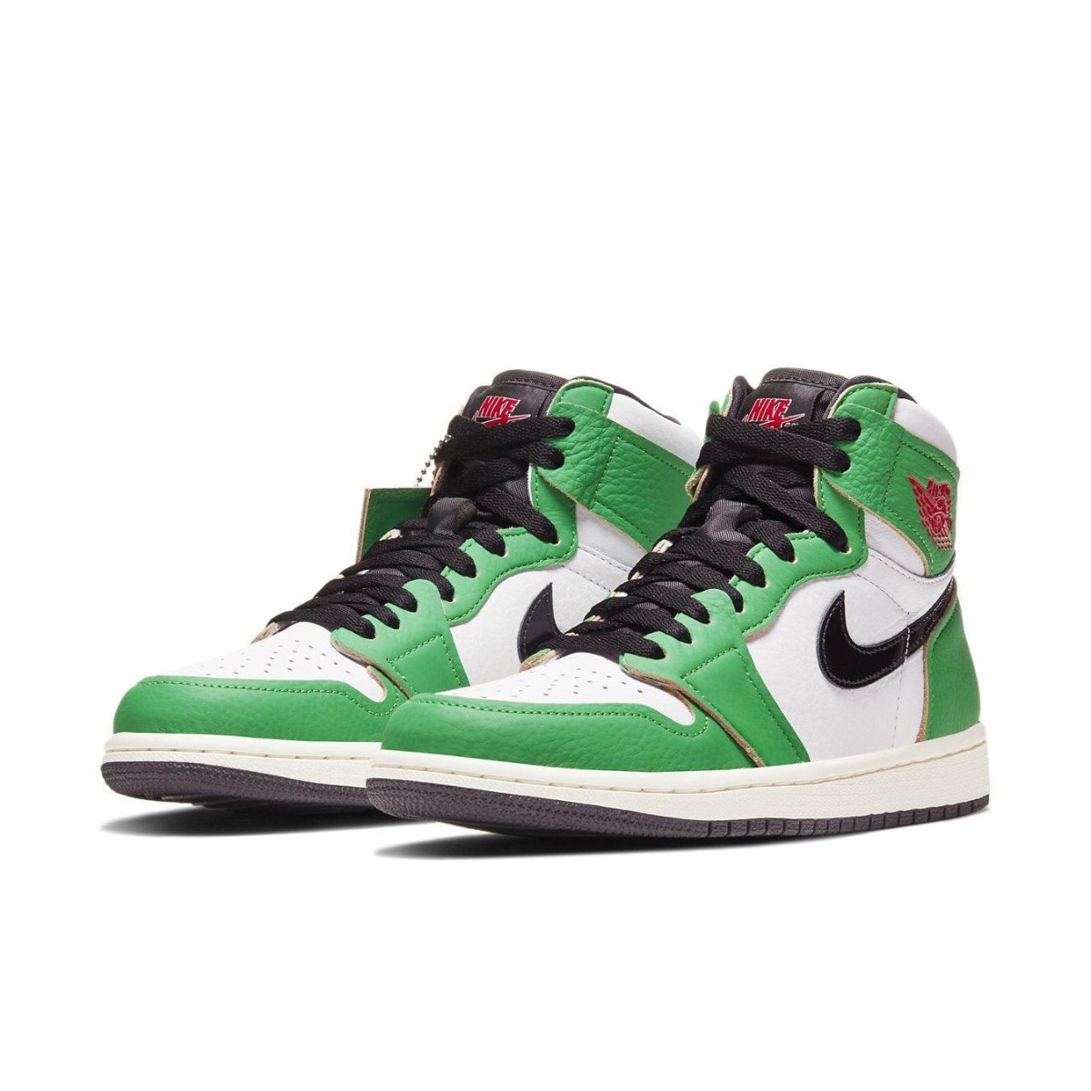 Air Jordan 1 Retro High 'Lucky Green' women's sneakers featuring white and green leather with a black swoosh.