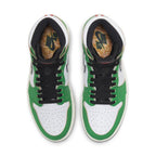 Top view of Air Jordan 1 Retro High 'Lucky Green' women's sneakers featuring white and green leather.