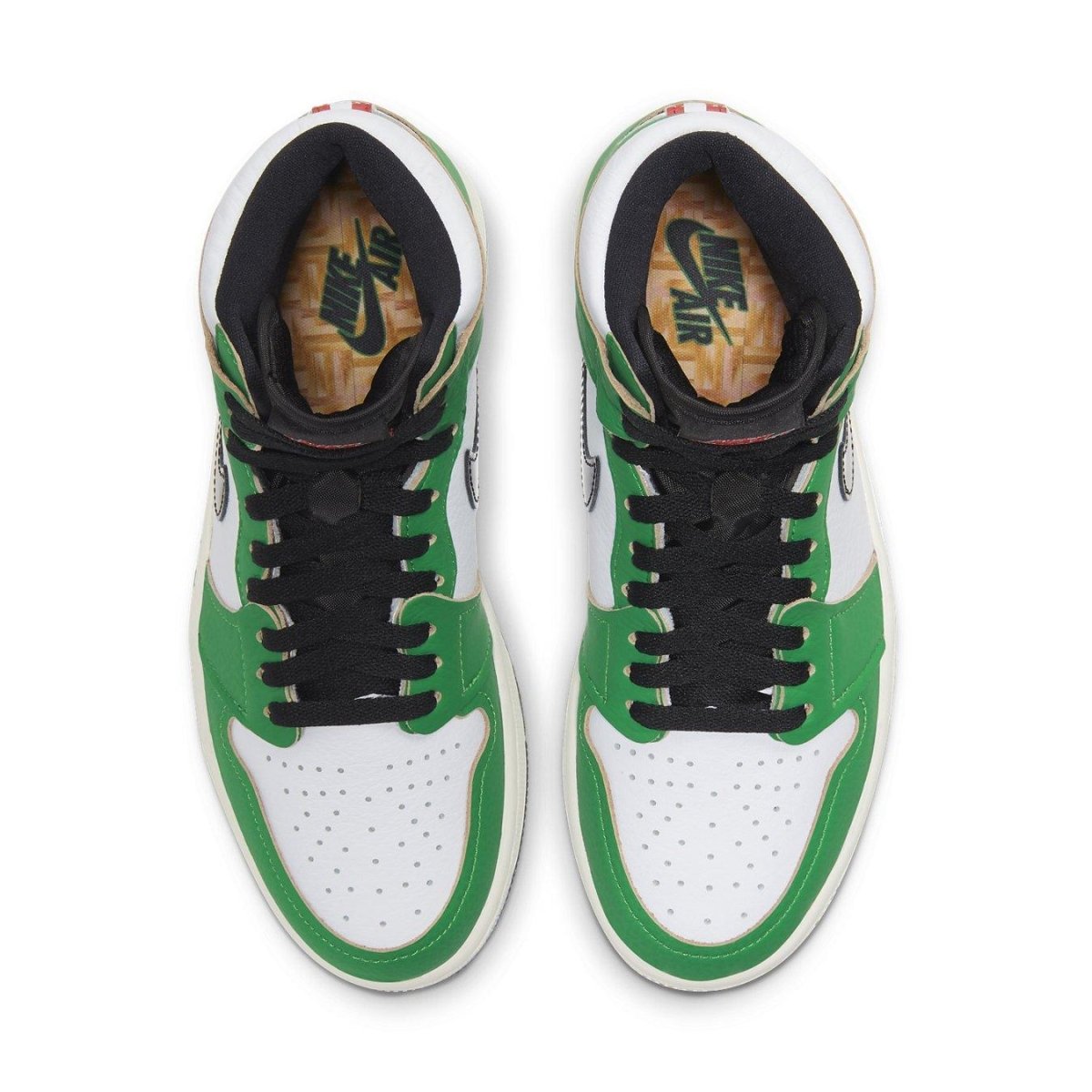 Top view of Air Jordan 1 Retro High 'Lucky Green' women's sneakers featuring white and green leather.