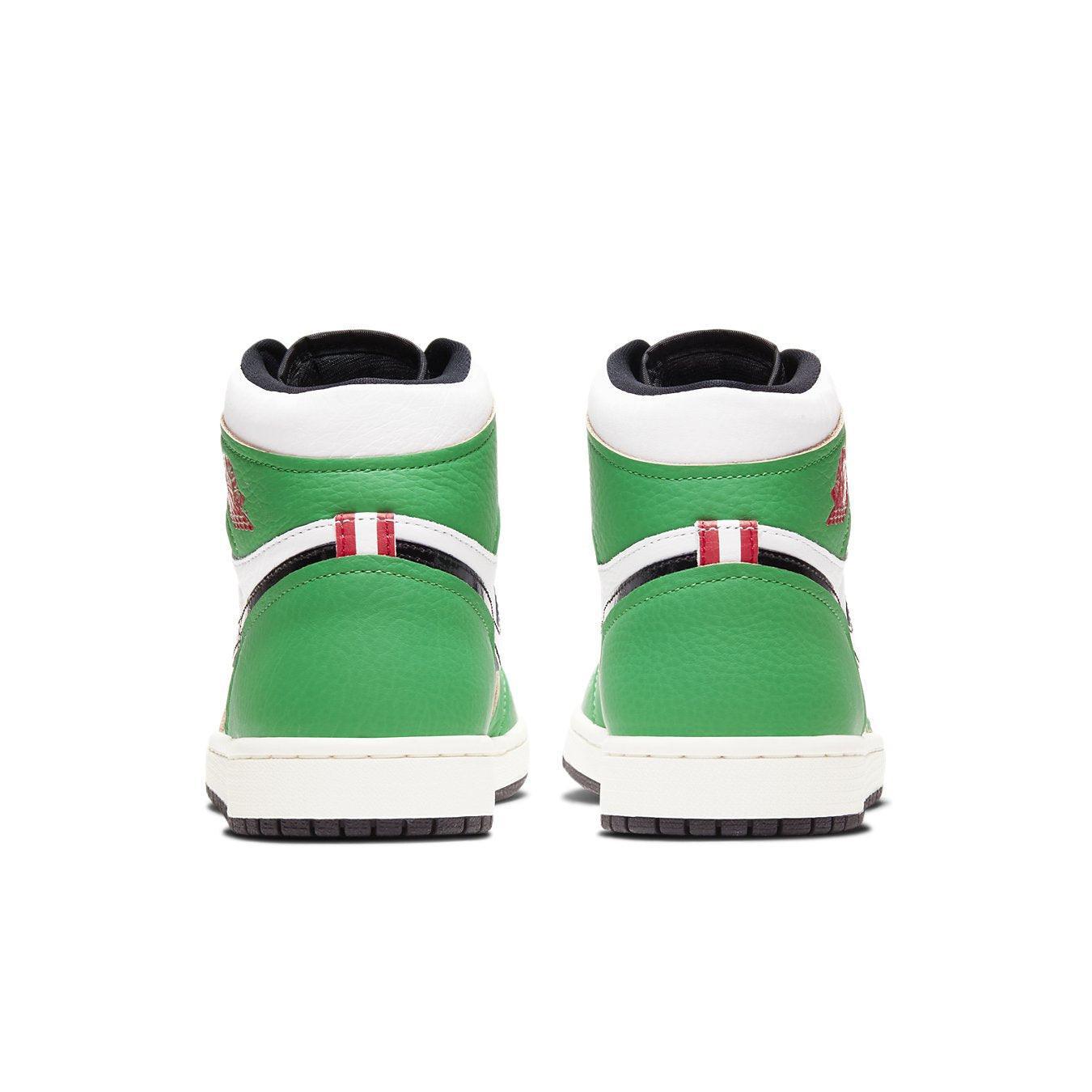 Rear view of Air Jordan 1 Retro High Lucky Green women's sneakers showcasing green and white leather design.