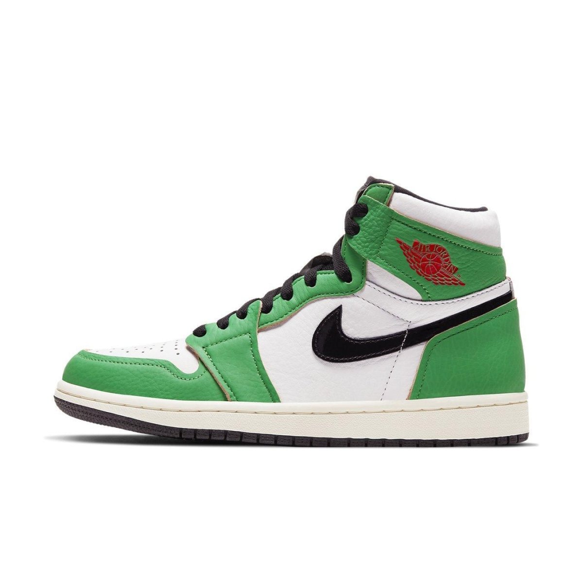 Air Jordan 1 Retro High Lucky Green for women, featuring green and white color blocking with a black swoosh.