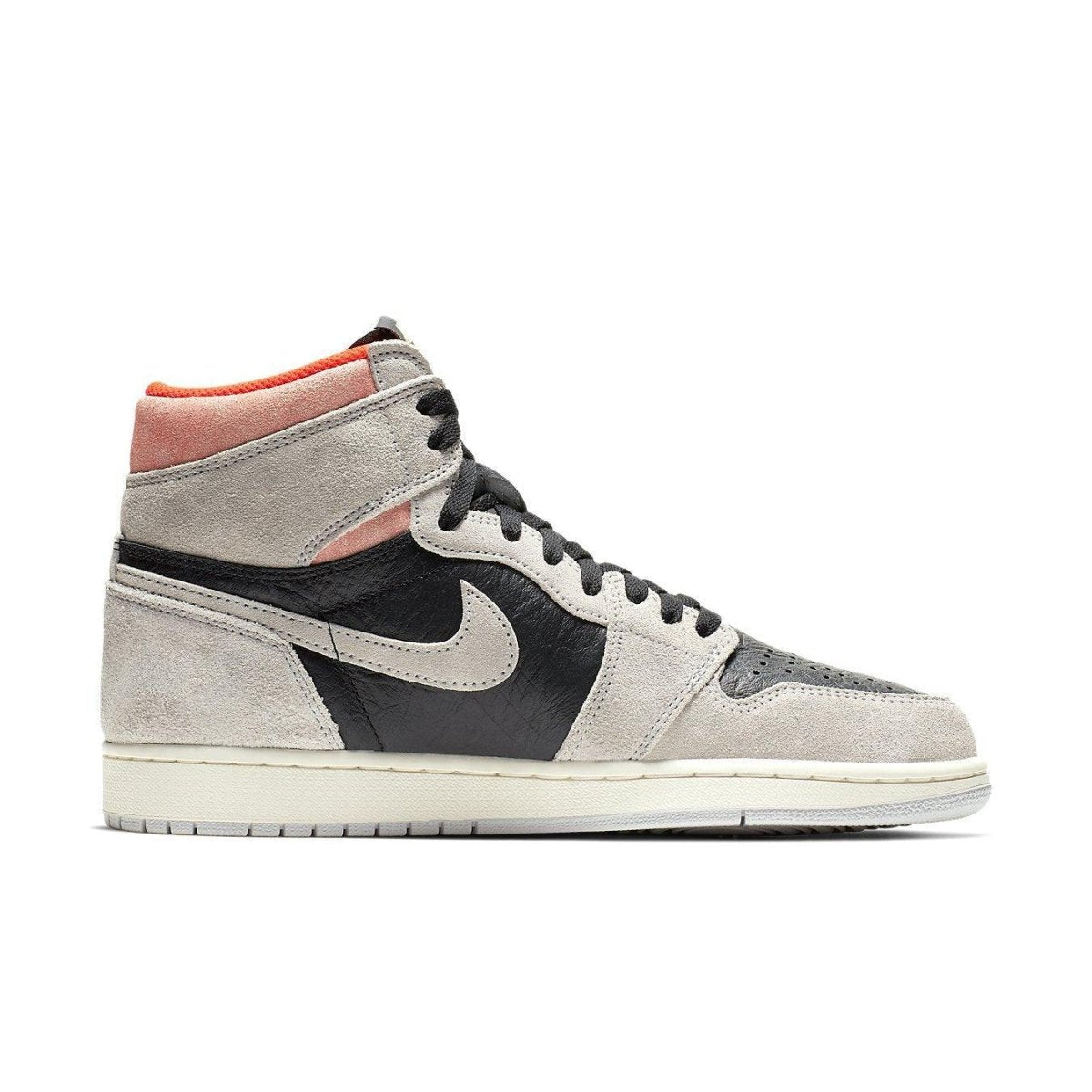 Jordan 1 Retro High Neutral Grey Hyper Crimson sneaker with grey suede, black accents, and orange highlights.
