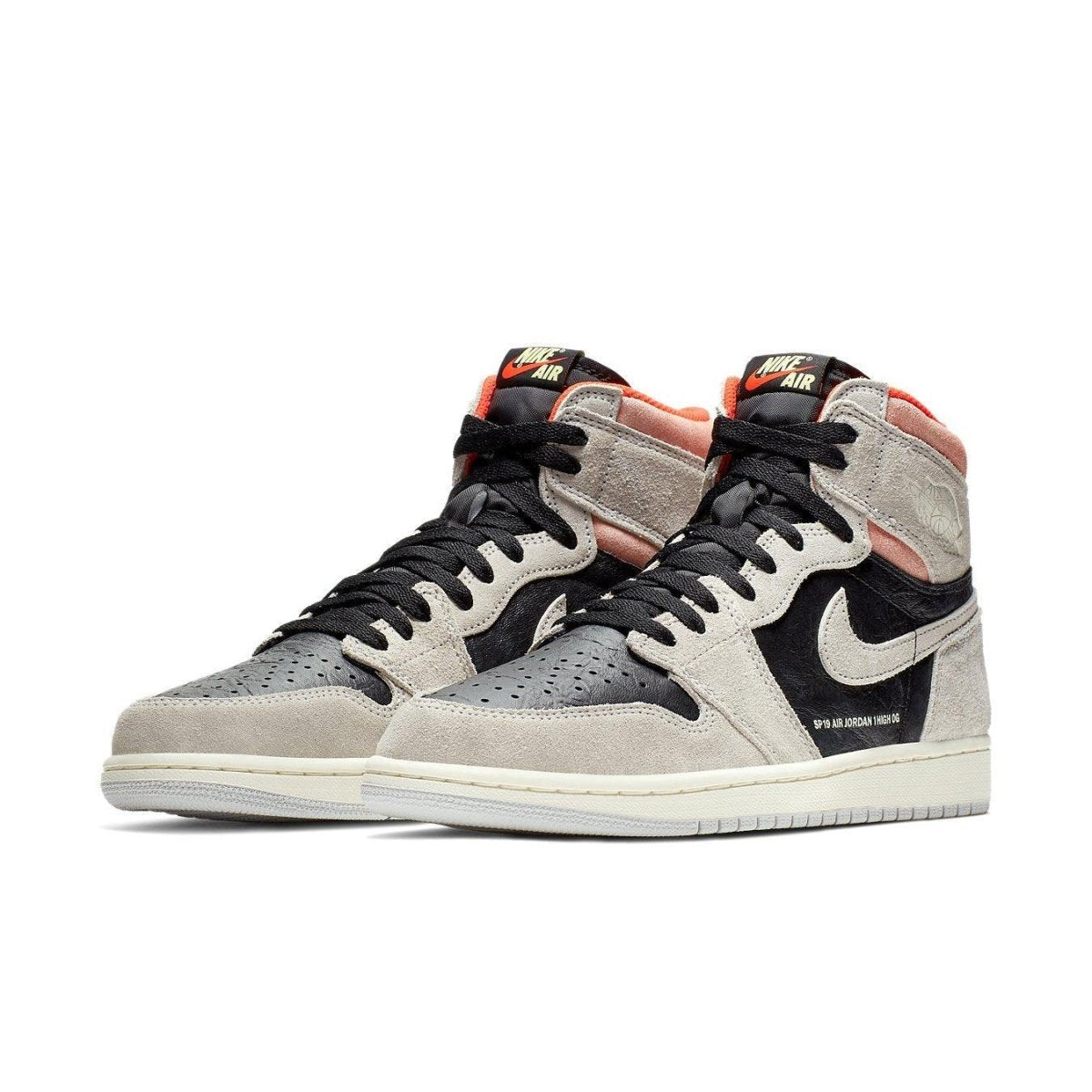 Jordan 1 Retro High Neutral Grey Hyper Crimson sneakers in grey leather with black and orange accents.