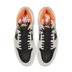 Jordan 1 Retro High Neutral Grey Hyper Crimson top view featuring grey leather, black accents, and orange details.