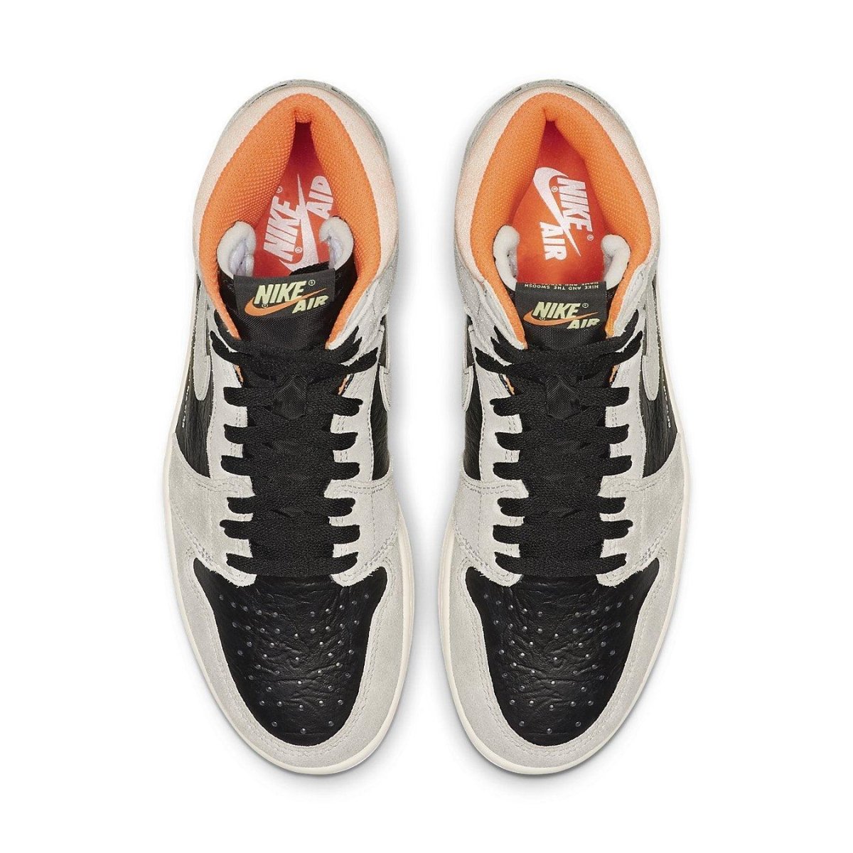 Jordan 1 Retro High Neutral Grey Hyper Crimson top view featuring grey leather, black accents, and orange details.