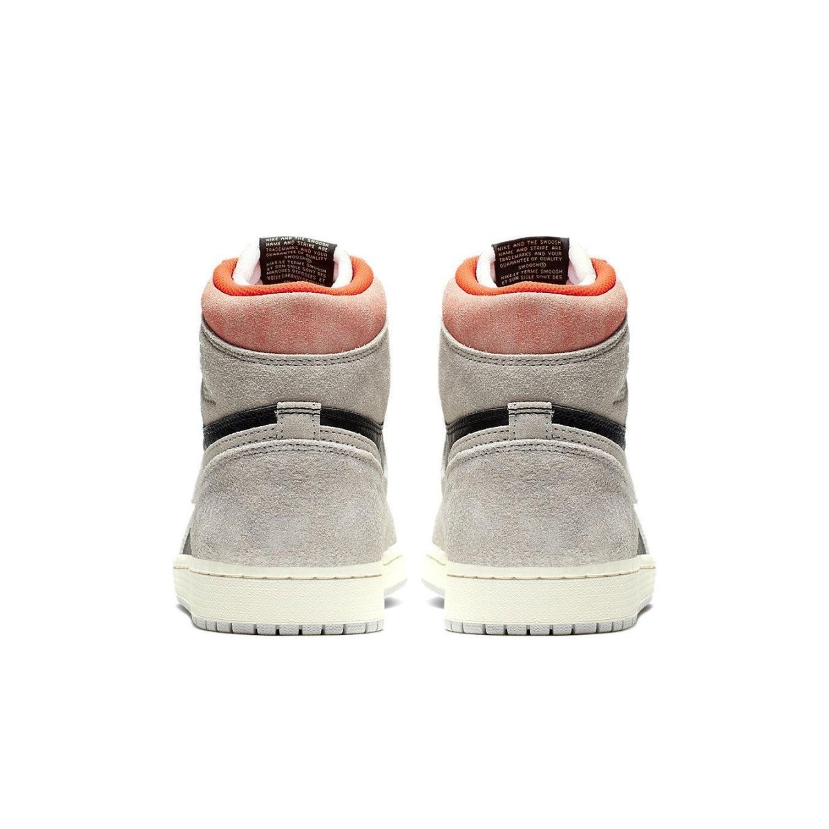 Rear view of Jordan 1 Retro High Neutral Grey Hyper Crimson with grey suede and orange accents.