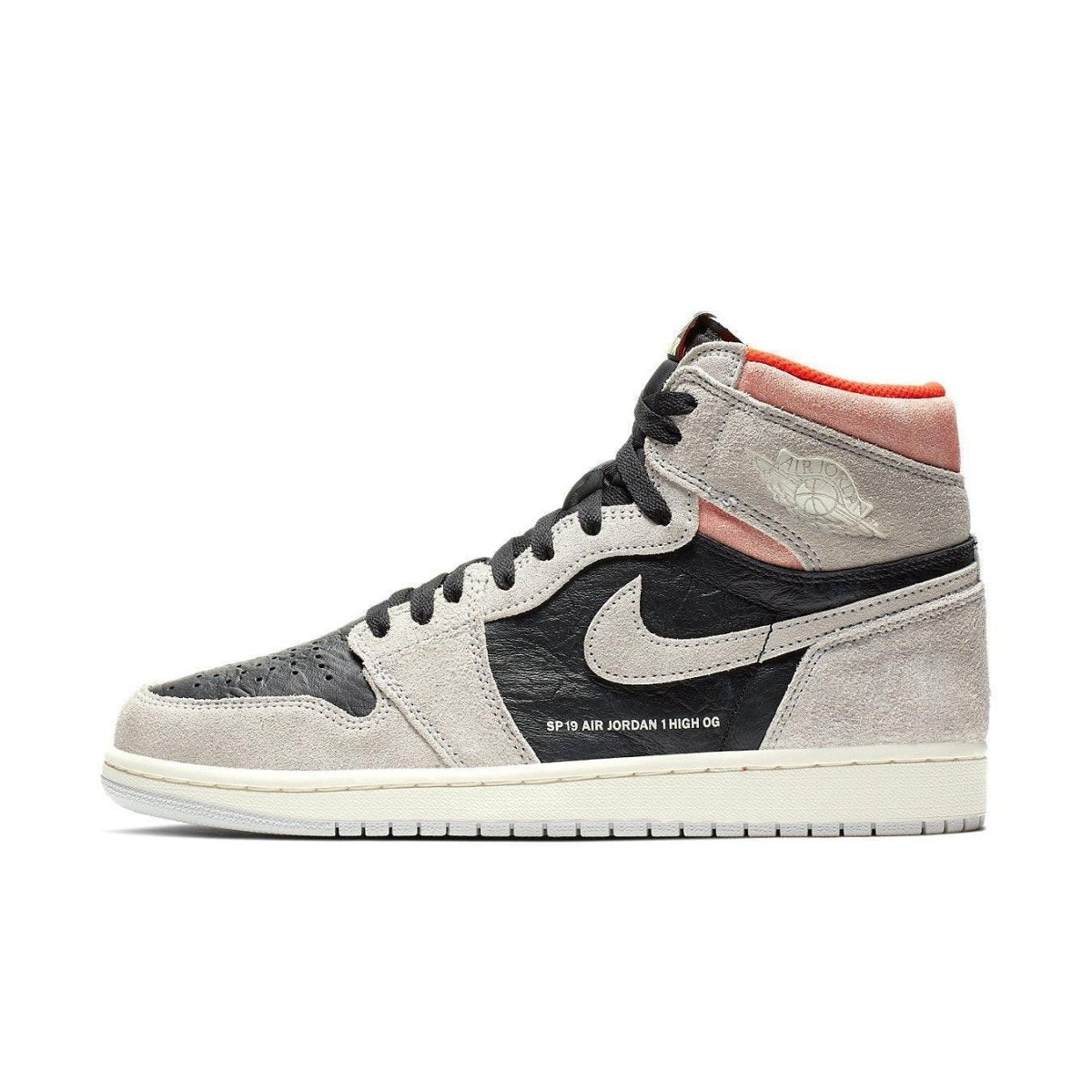 Jordan 1 Retro High Neutral Grey Hyper Crimson featuring premium leather, black accents, and orange highlights.