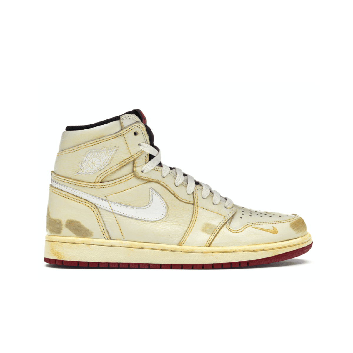 Air Jordan 1 Retro High Nigel Sylvester in off-white leather with distressed details and red sole.