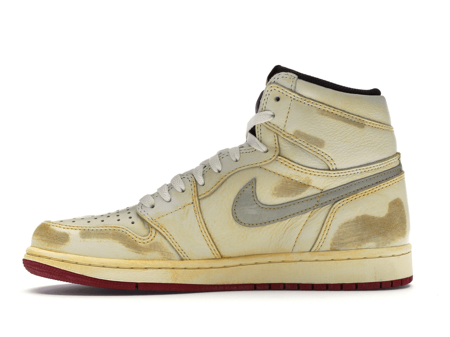 Air Jordan 1 Retro High Nigel Sylvester in distressed cream leather with visible wear and tear.