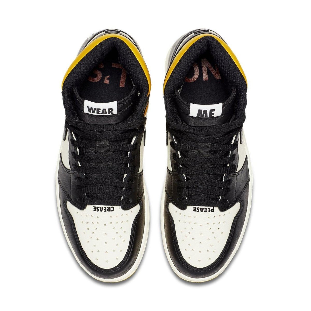 Jordan 1 Retro High 'Not for Resale' Varsity Maize in black, white, and yellow colorway with branding details.
