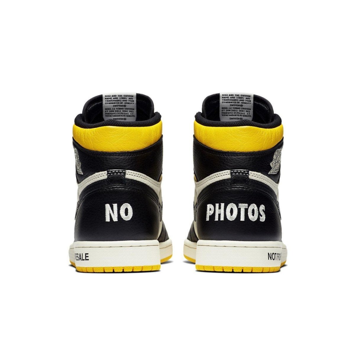 Jordan 1 Retro High 'Not for Resale' in black and yellow with 'NO PHOTOS' text on the back.