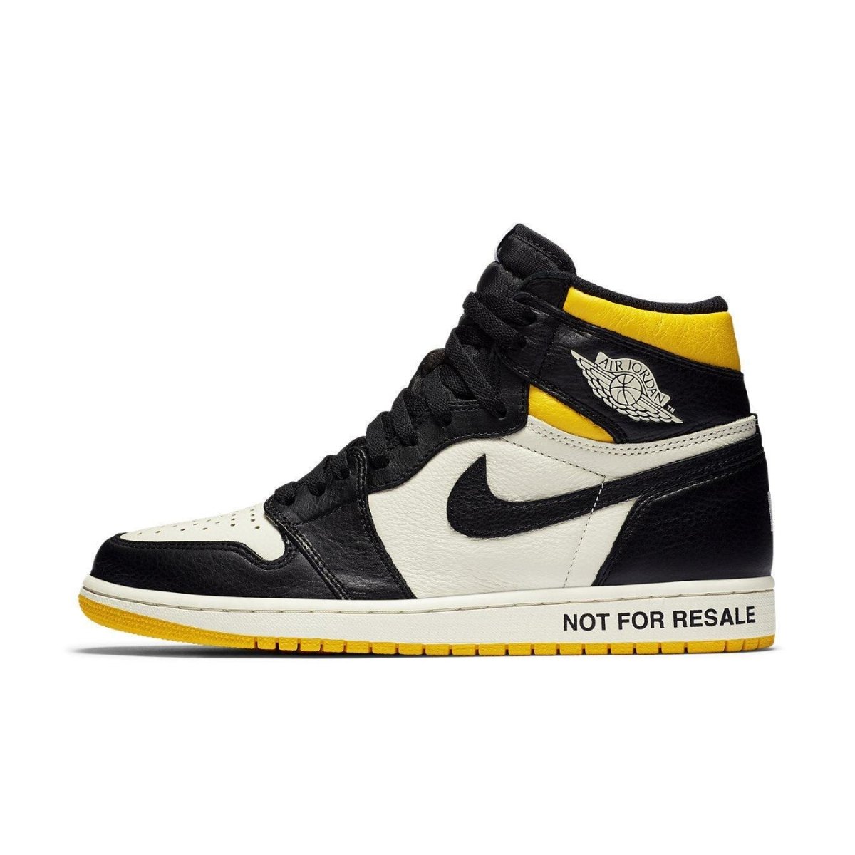 Jordan 1 Retro High Not for Resale Varsity Maize sneaker in black and white leather with yellow accents.