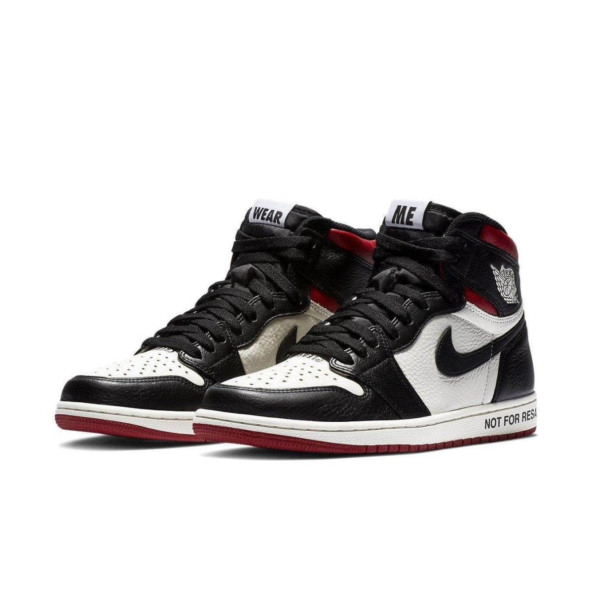 Air Jordan 1 Retro High 'Not for Resale' in Varsity Red, Black, and Sail colorway, featuring unique branding details.