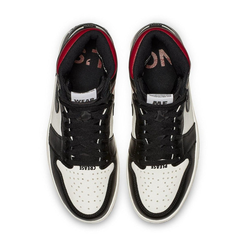 Air Jordan 1 Retro High 'Not for Resale' Varsity Red top view in black and white leather with text details.