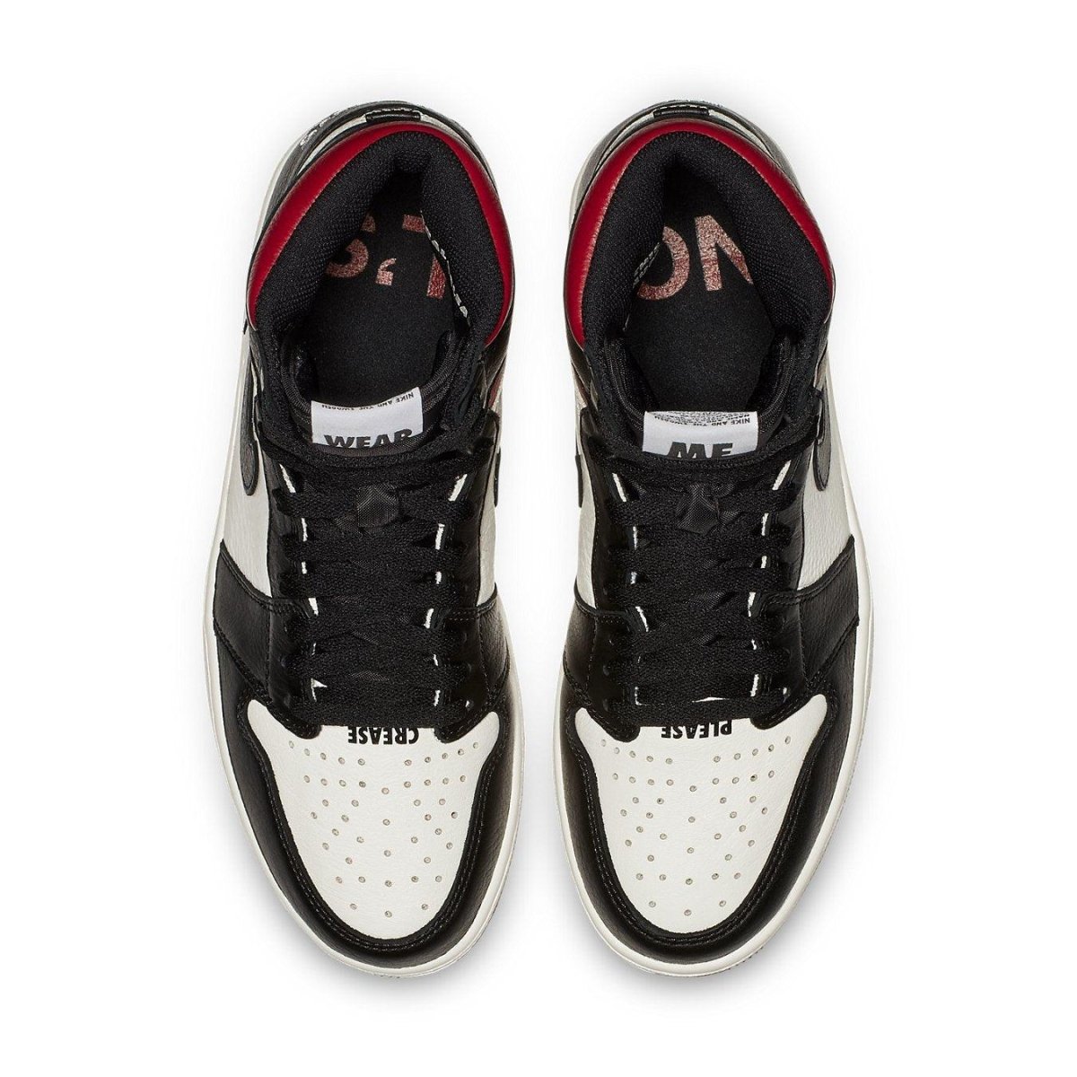 Air Jordan 1 Retro High 'Not for Resale' Varsity Red top view in black and white leather with text details.