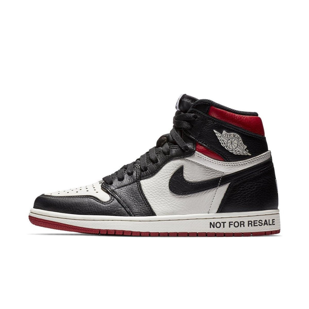 Air Jordan 1 Retro High "Not for Resale" in Varsity Red, Black, and Sail with unique design details.