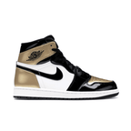 Jordan 1 Retro High NRG Patent Gold Toe, featuring black, white, and gold colorblock design with classic Nike branding.