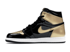 Jordan 1 Retro High NRG Patent Gold Toe sneaker featuring black, white, and gold color blocking design.