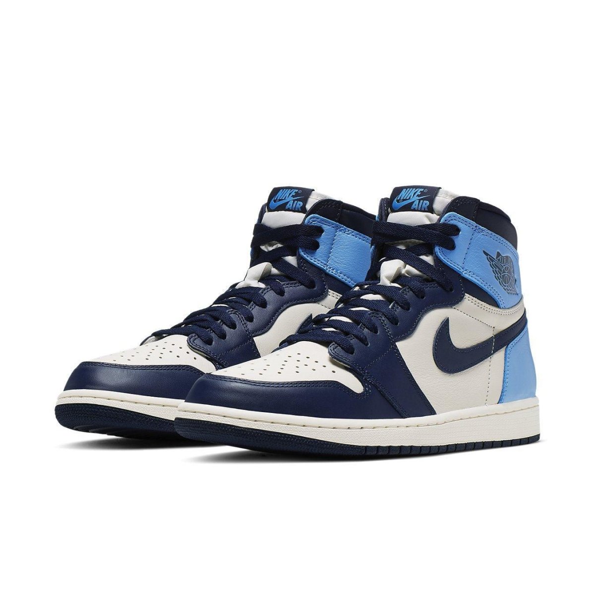Air Jordan 1 Retro High Obsidian UNC sneakers featuring a navy, light blue, and white color scheme.