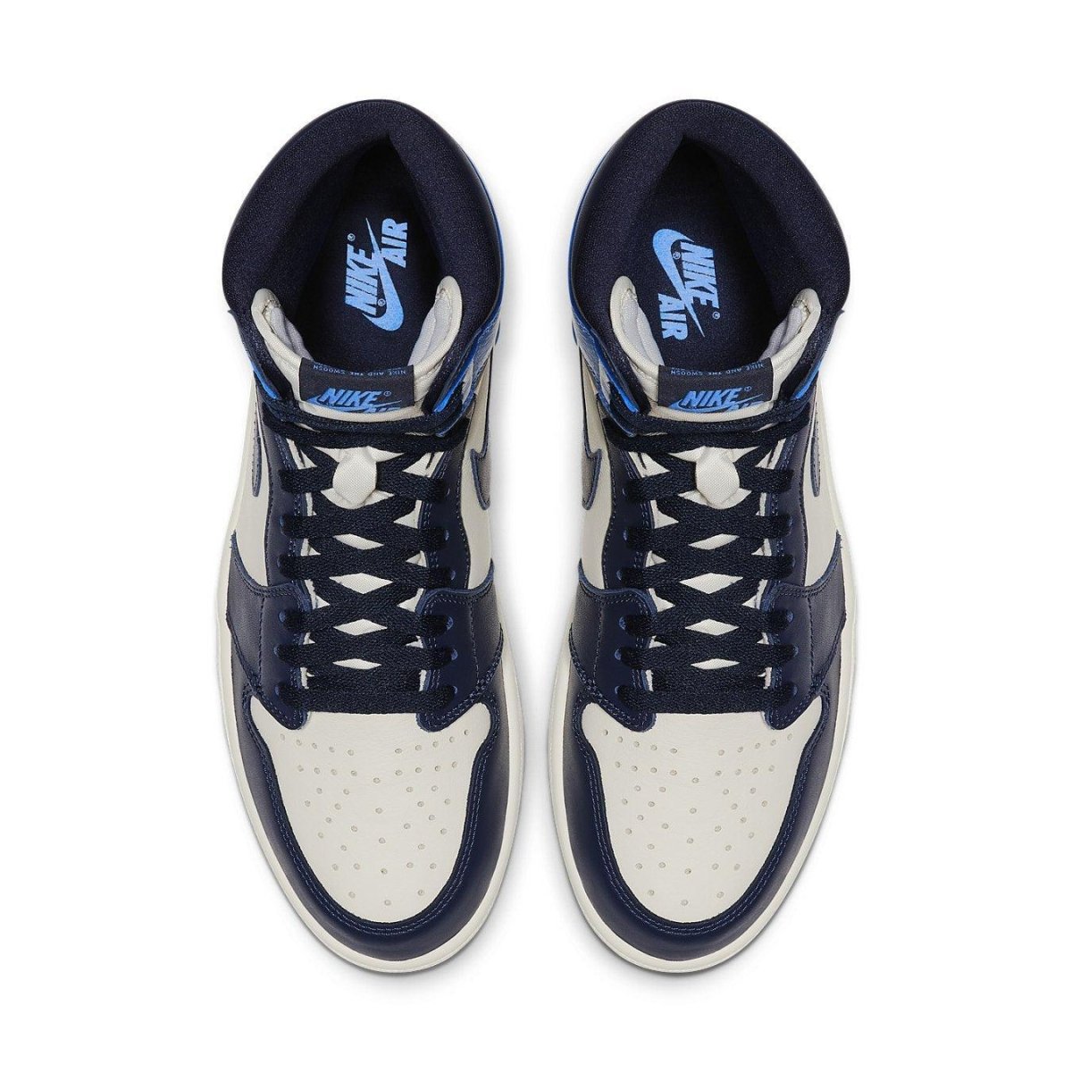Air Jordan 1 Retro High Obsidian UNC sneakers top view with navy and cream colorway.