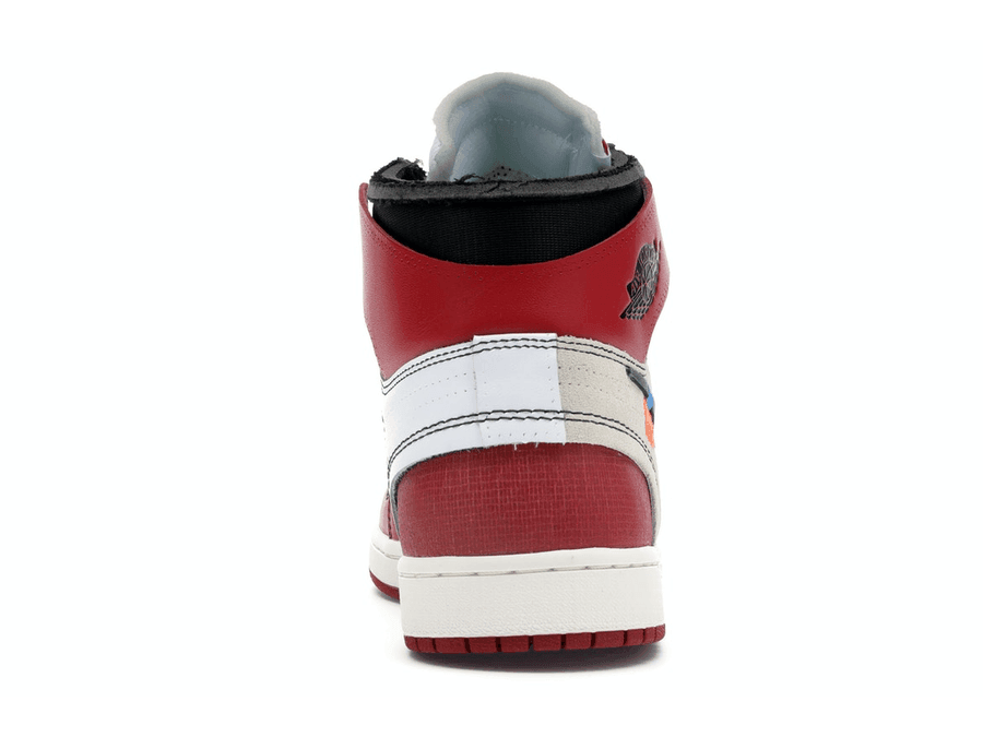 Back view of the Jordan 1 Retro High Off-White Chicago sneaker showcasing its signature red and white design.