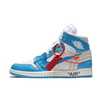 Jordan 1 Retro High Off-White University Blue sneaker featuring UNC colors and signature design elements.