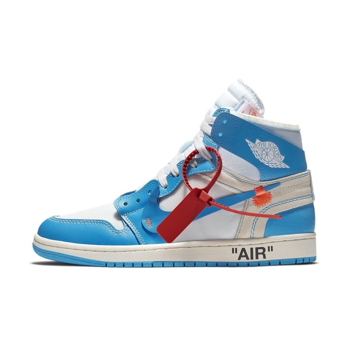 Jordan 1 Retro High Off-White University Blue sneaker featuring UNC colors and signature design elements.