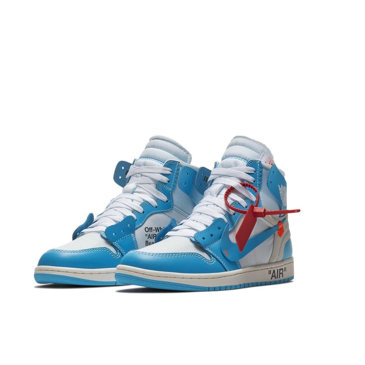 Jordan 1 Retro High Off-White University Blue sneaker featuring UNC colors and unique design accents by Virgil Abloh.