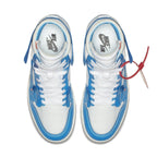 Jordan 1 Retro High Off-White University Blue sneakers featuring white and UNC blue colorway.