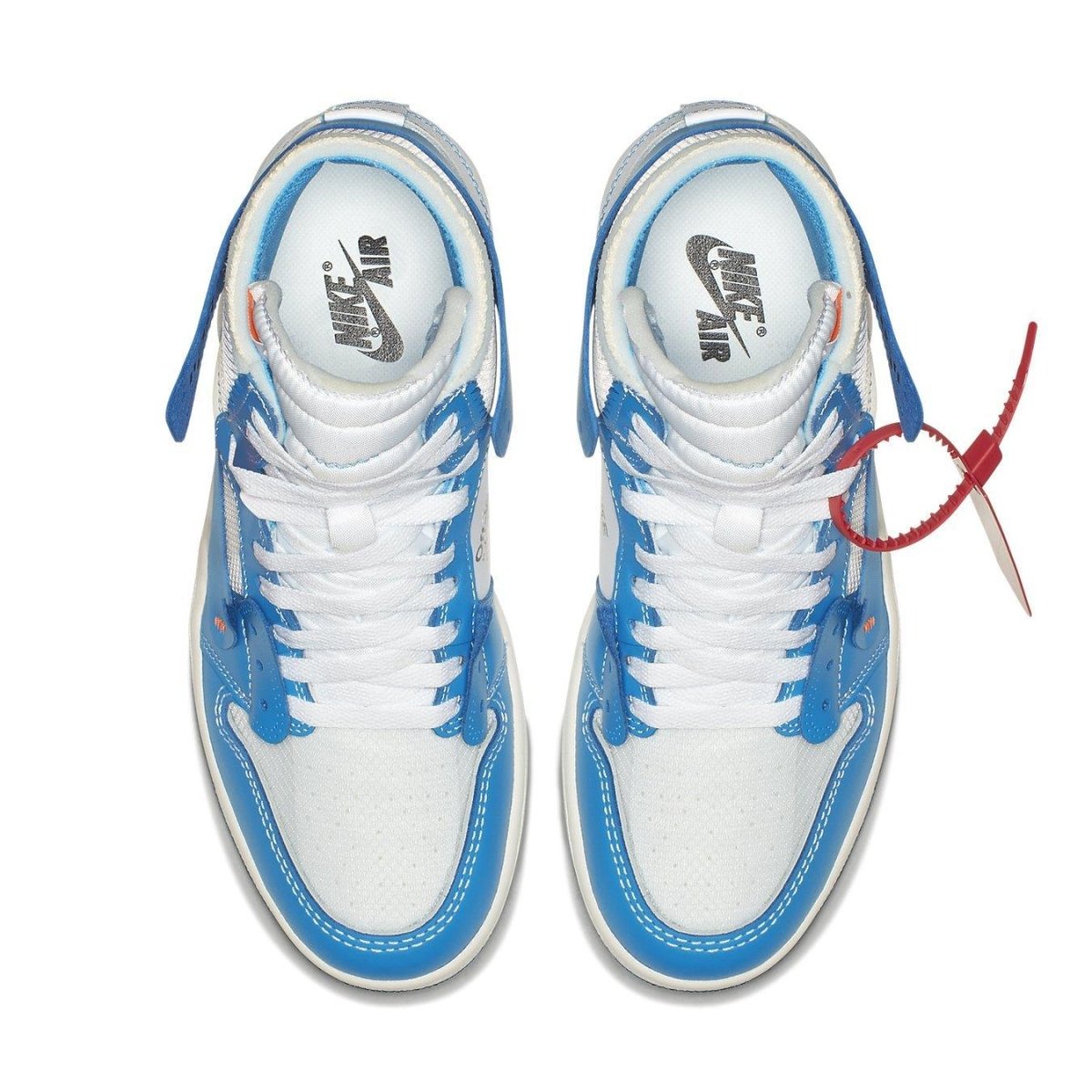 Jordan 1 Retro High Off-White University Blue sneakers featuring white and UNC blue colorway.