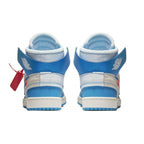 Jordan 1 Retro High Off-White University Blue rear view showcasing iconic UNC colors and design details.