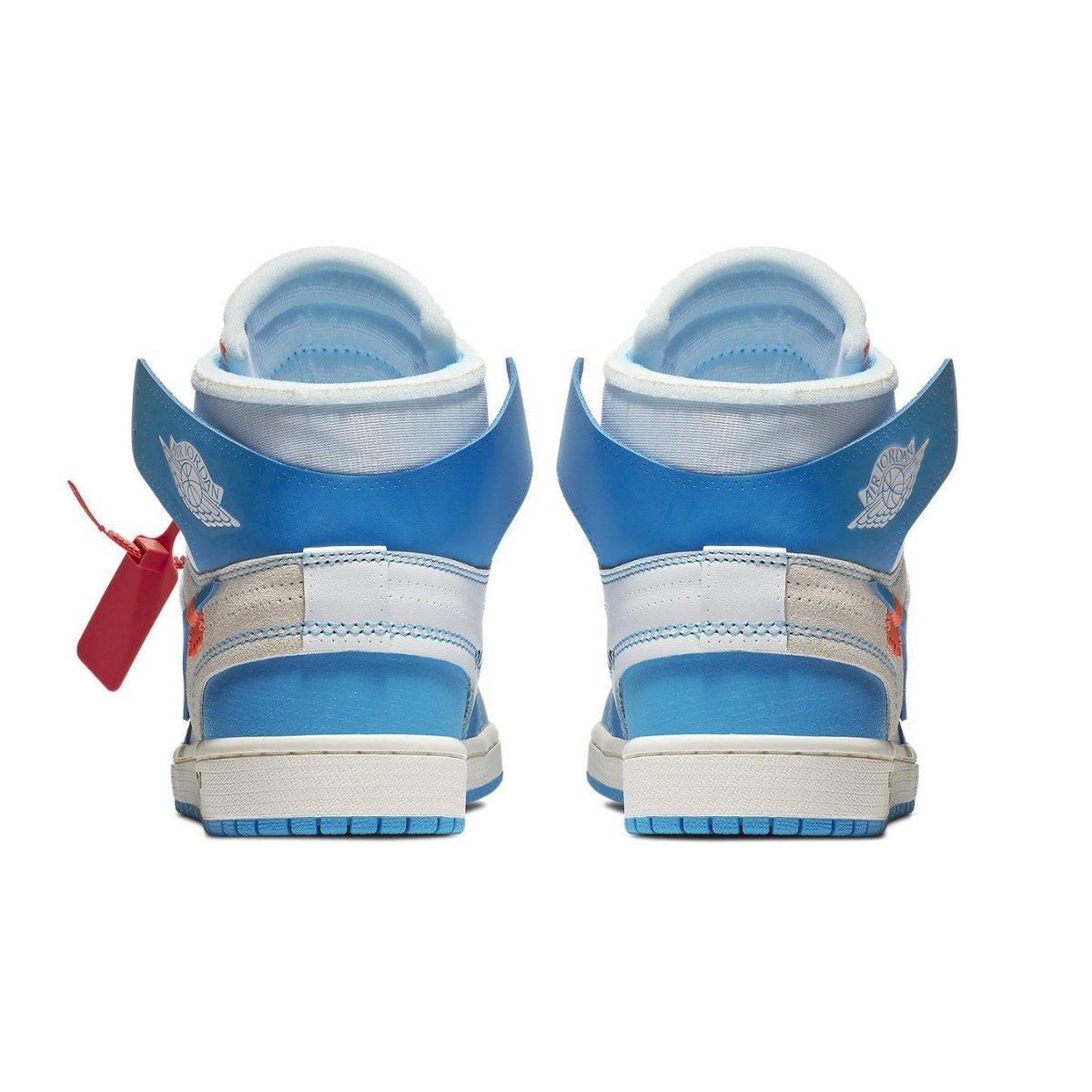 Jordan 1 Retro High Off-White University Blue rear view showcasing iconic UNC colors and design details.