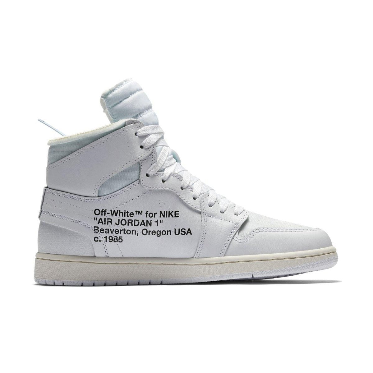 Off-White x Air Jordan 1 Retro High in white with signature branding and deconstructed design.