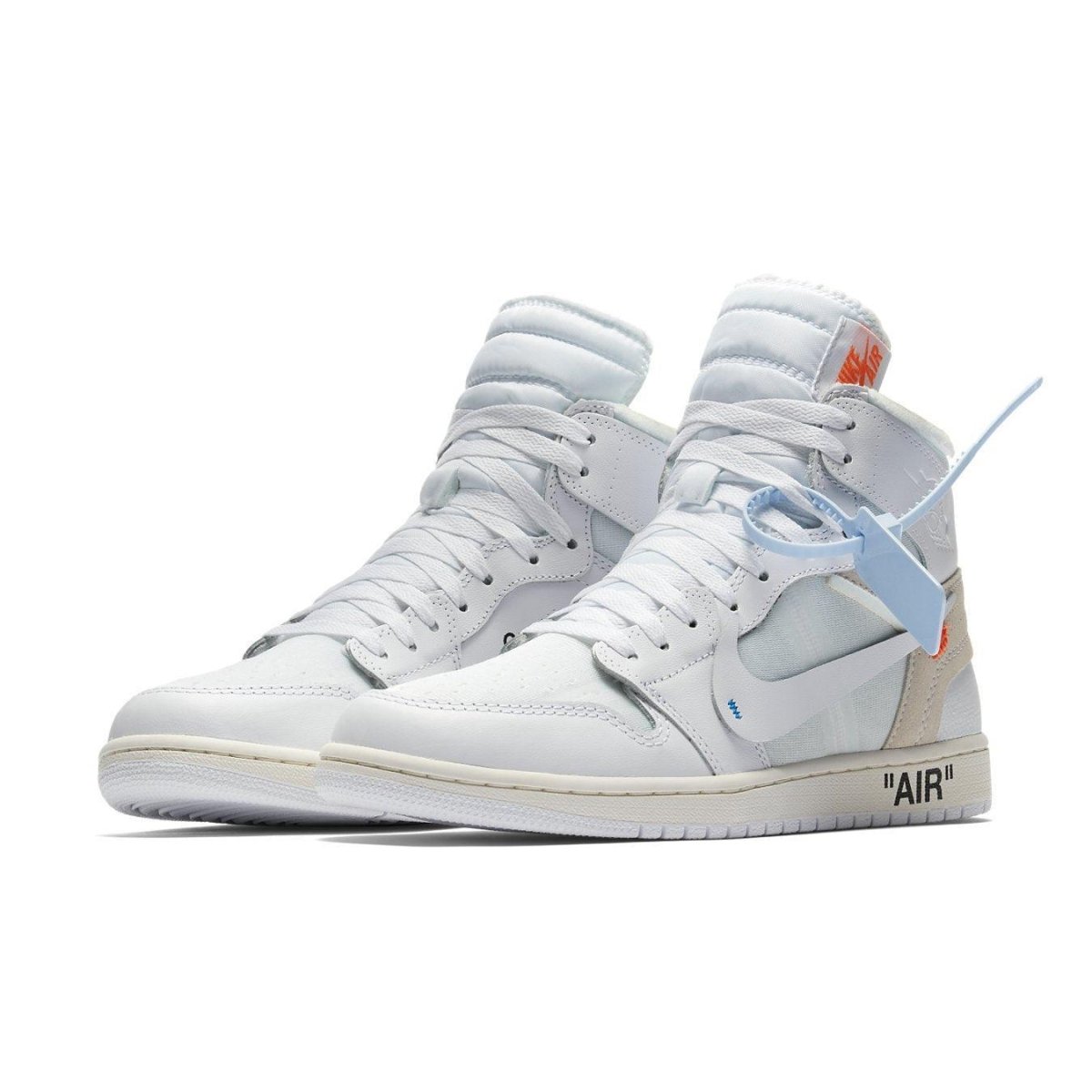 Jordan 1 Retro High Off-White White shoes featuring mesh upper, leather overlays, and AIR insignia on midsole.