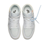 Top view of Jordan 1 Retro High Off-White White showing deconstructed design, mesh upper, and embroidered Swoosh.