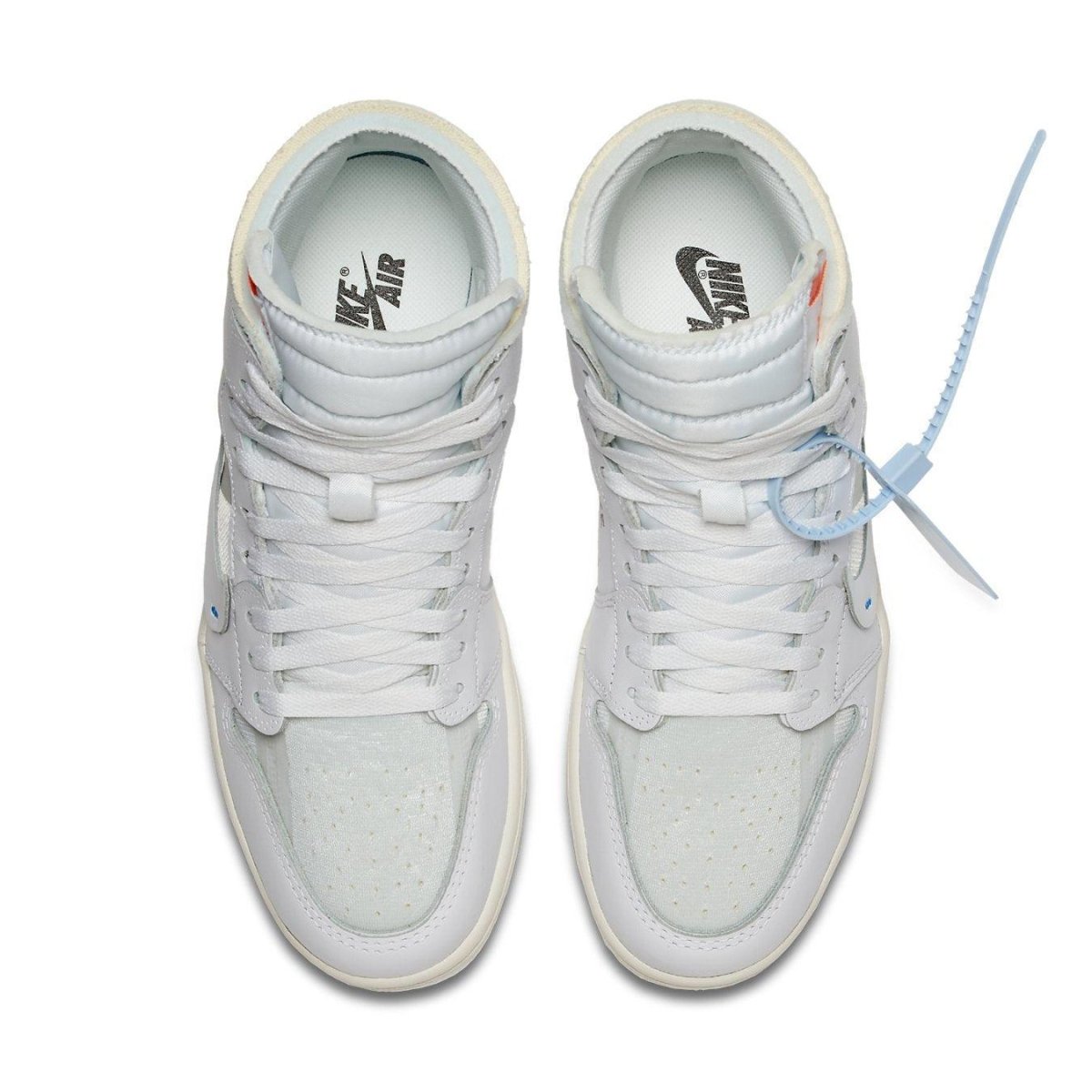 Top view of Jordan 1 Retro High Off-White White showing deconstructed design, mesh upper, and embroidered Swoosh.