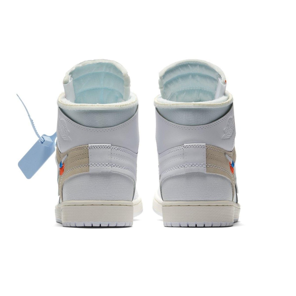 Back view of Off-White x Jordan 1 Retro High White sneakers showcasing premium materials and deconstructed design.