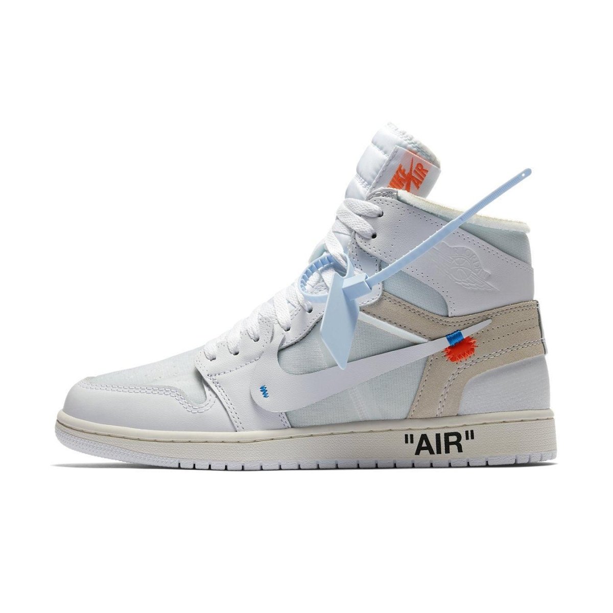 Jordan 1 Retro High Off-White White sneaker featuring a deconstructed design, premium leather, and iconic "AIR" branding.