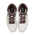 Jordan 1 Retro High OG A Ma Maniére, luxurious white and maroon sneaker, top view showcasing design and details.